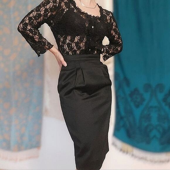 Vtg Gattinoni black high-waisted midi wool pencil skirt - Picture 1 of 13